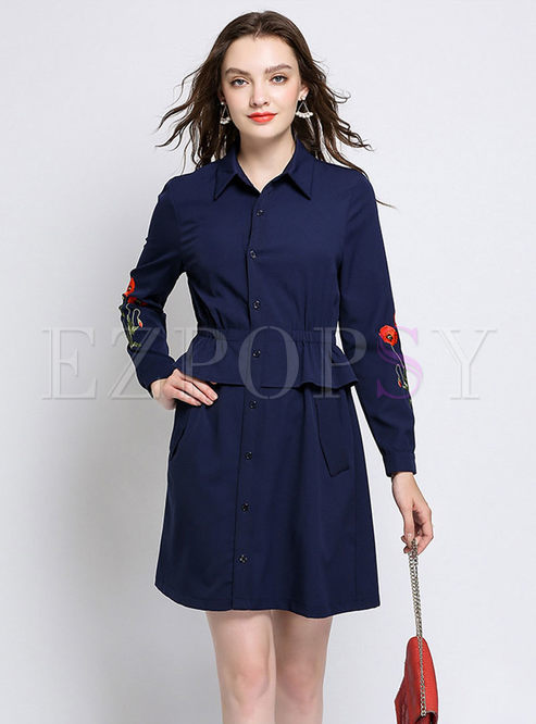 Single-breasted Emmbroided Lapel Gathered Waist Skater Dress