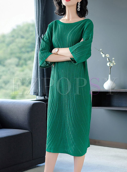 O-neck Monochrome Short Sleeve Knitting Dress