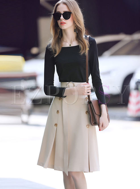 Black Long Sleeve T-Shirt & Belted Double-breasted Skirt
