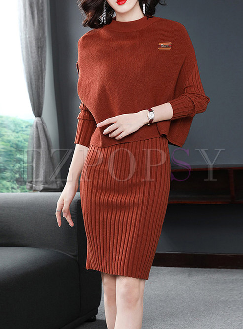 Solid Color Bodycon Knitted Dress & Cloak Loose Top