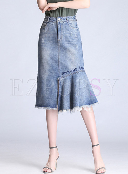 Asymmetric Washed Denim Skirt With Tied Tassel Detail 