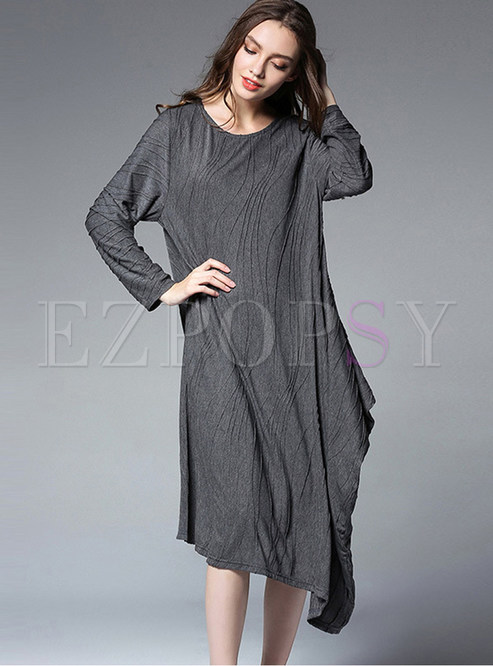 Plus Size Long Sleeve Asymmetric Shift Dress