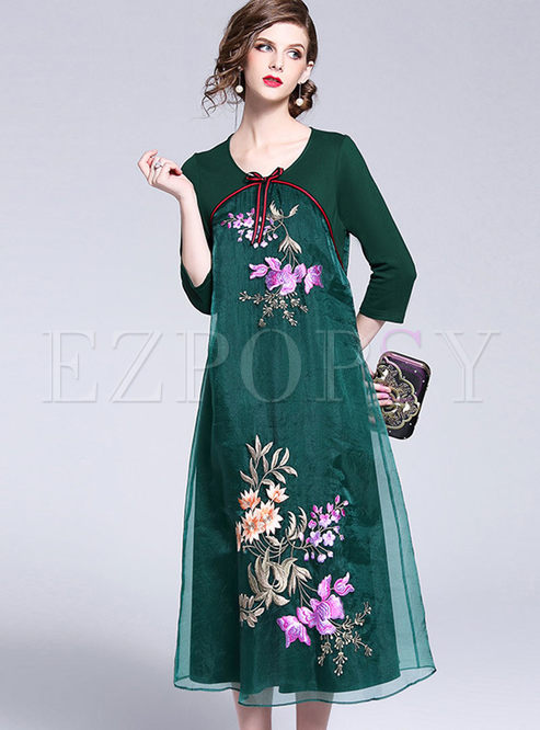 Vintage Mesh Splicing Embroidered Loose Maxi Dress