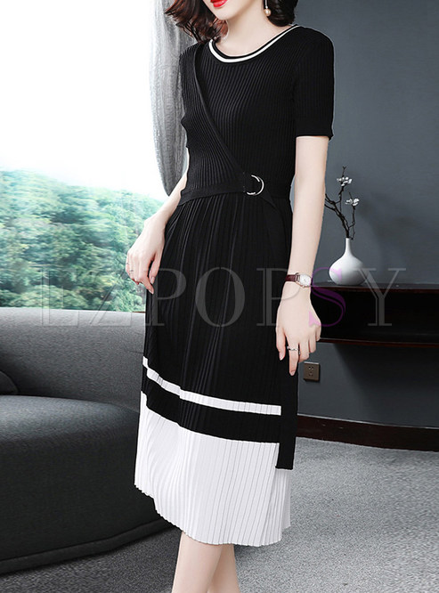 Elegant Color-blocked Waist Knitted Slim Dress