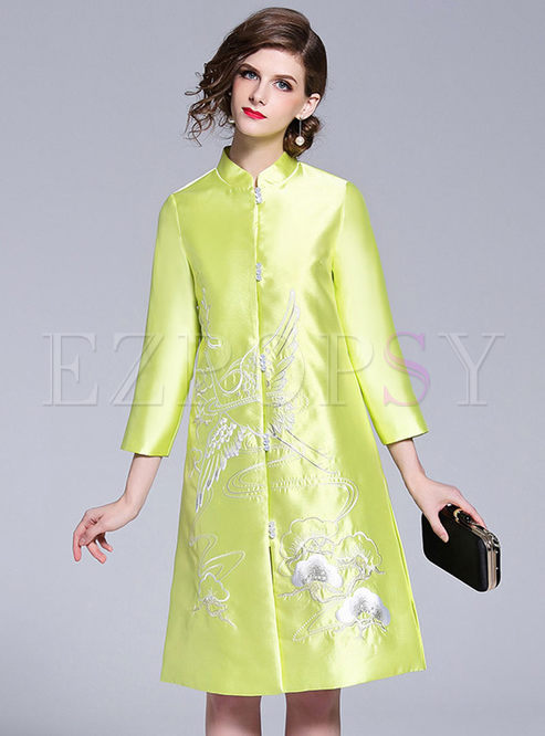 Pure Color Embroidered Single-breasted Slit Coat