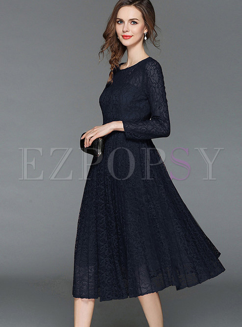 Fashionable Hollow Out Lace Pleated Dress