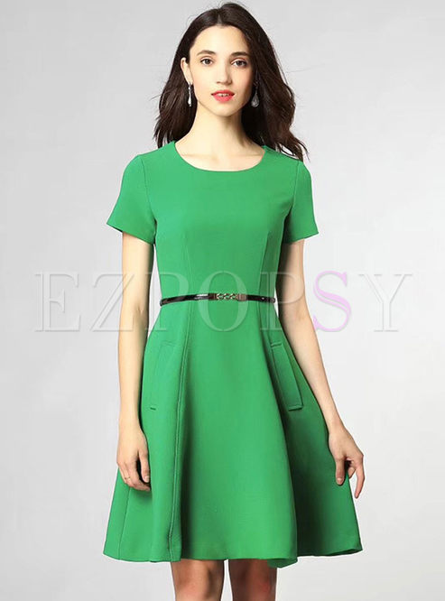 Pure Color O-neck Belted A Line Dress