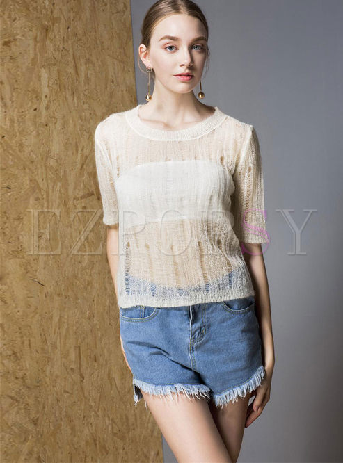 Solid Color Hollow Out Knitted T-shirt