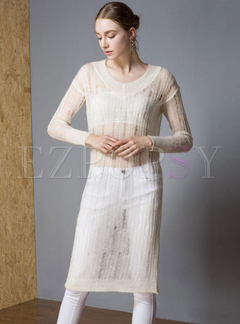  Pure Color Hollow Out Long Sleeve Knitted Dress