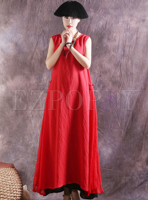 Red Sleeveless Double-layered Silk Maxi Dress