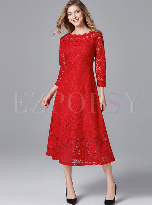 Red Elegant Slash Neck Lace Hollow Out A Line Dress