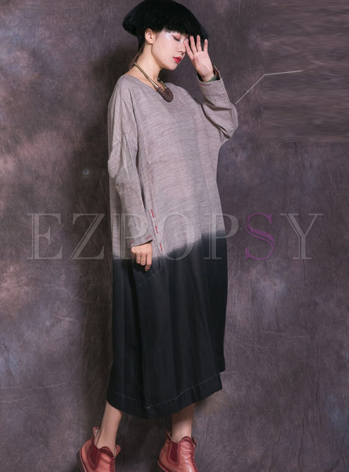 Ethnic Long Sleeve Embroidered Color-block Dress