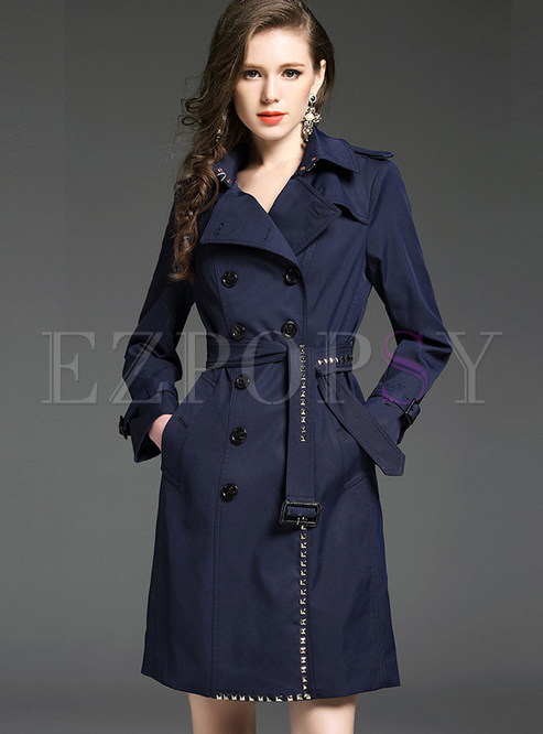 Notched Double-breasted Beaded Trench Coat