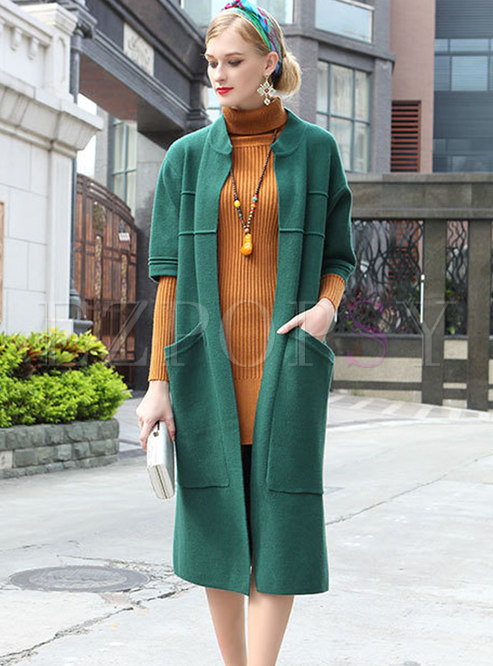 Fashion Short Sleeve Green Knitting Coat With Pockets