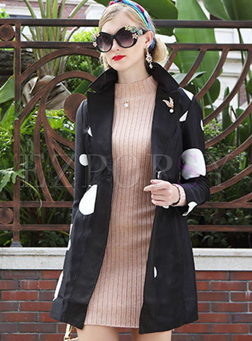 Notched Big Dots Trench Coat With Drilling Print