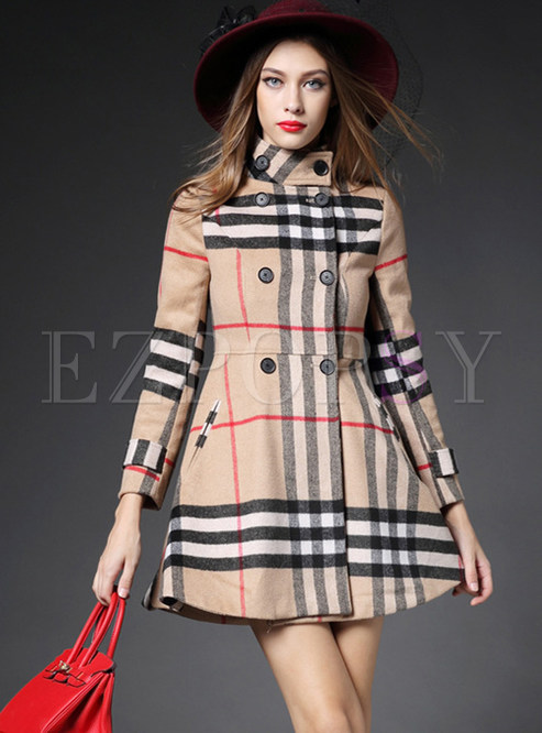 Lapel Double-breasted Plaid Thicken Coat