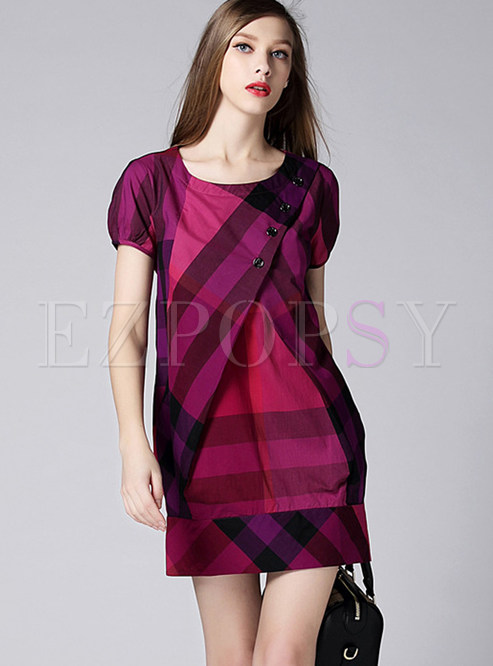 Fashion Purple O-neck Cotton Plaid A Line Dress