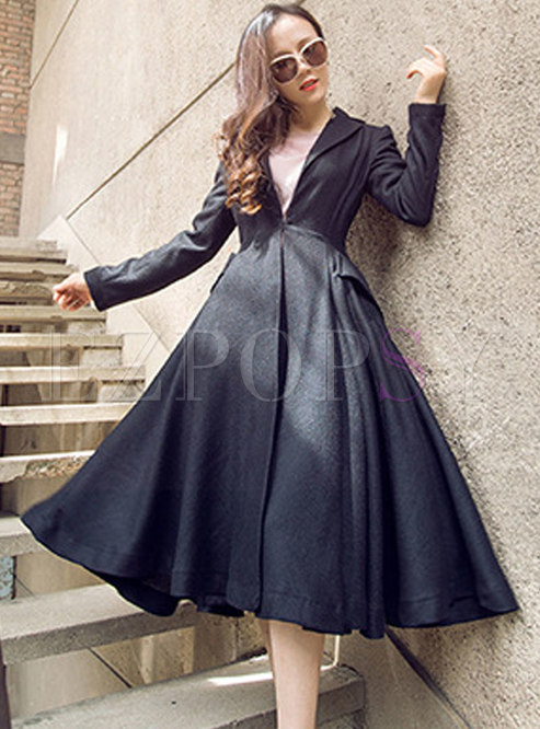 Autumn Trendy V-neck Black Wool Trench Coat