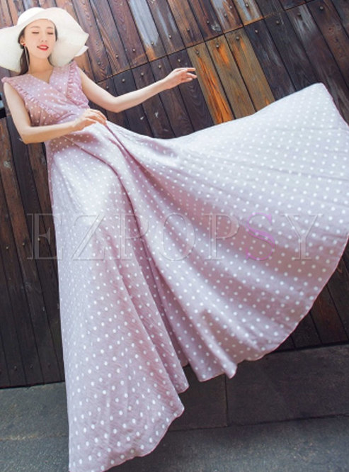 White Dots V-neck Sweet Digital Printed Maxi Dress