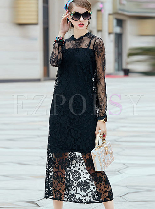 Black Sexy Lace-paneled Dress With Semi-sheer Detail