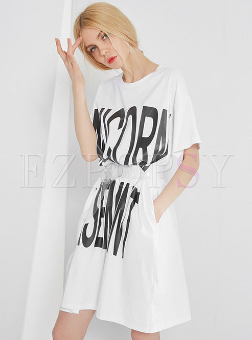 Trendy Letter Print Belted Slim T-shirt Dress