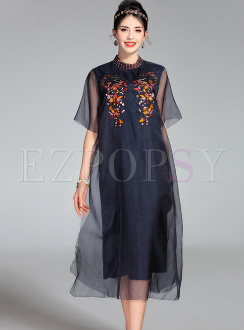 Dresses | Shift Dresses | Pure Color Half Sleeve Embroidered Loose Dress