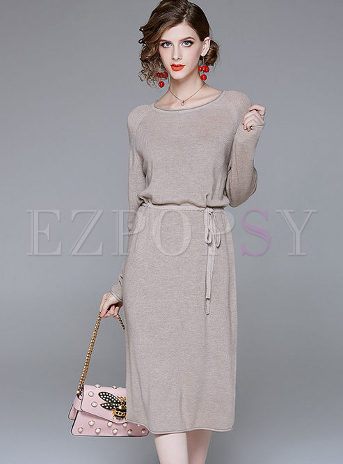 Pure Color O-neck Gathered Waist Slim Knitted Dress