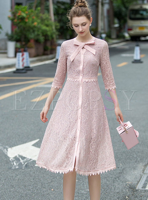 Pink Lace-paneled Zip-up Dress With Bowknot 