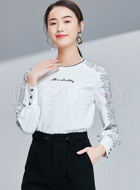 Brief O-neck Embroidered Lace-paneled Top