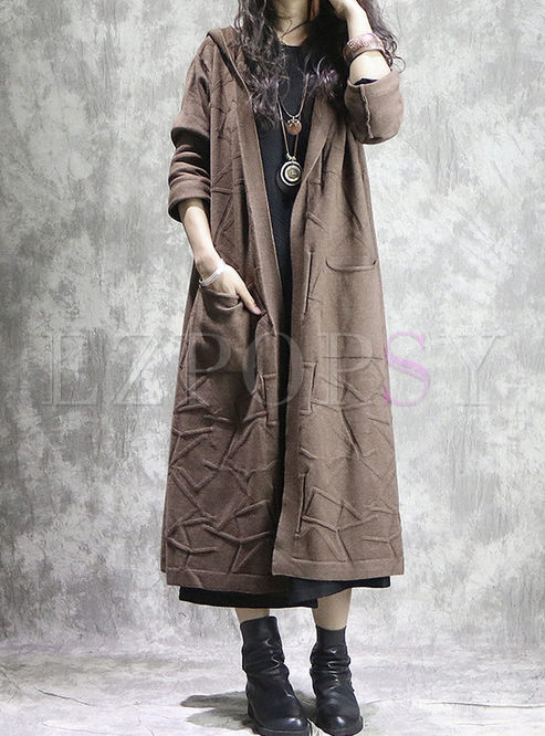 Pure Color Hooded Loose Slit Long Coat