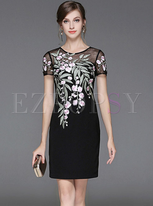 Black Embroidered Hollow Out Zipper-back Bodycon Dress