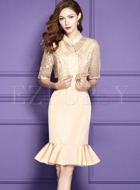 Solid Color Sleeveless Mermaid Dress With Embroidered Lace Coat