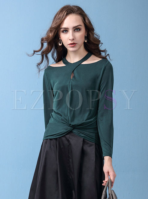 Pure Color Hollow Out Ruffled Slim Blouse