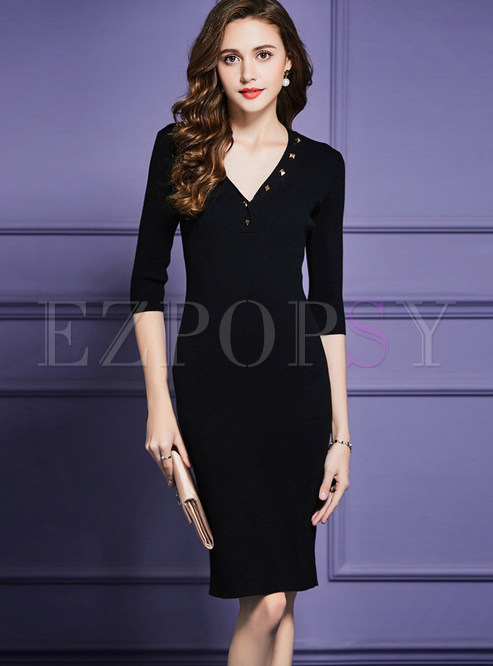 Sexy Solid Color V-neck Slim Knitted Dress