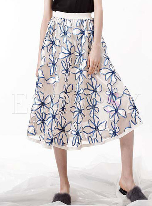 Elastic Waist Stereoscopic Flower Gauze Skirt