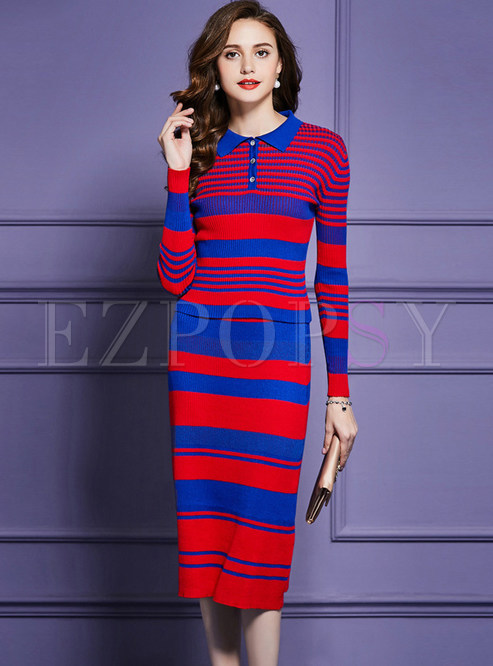Stylish Lapel Long Striped Two Piece Outfits
