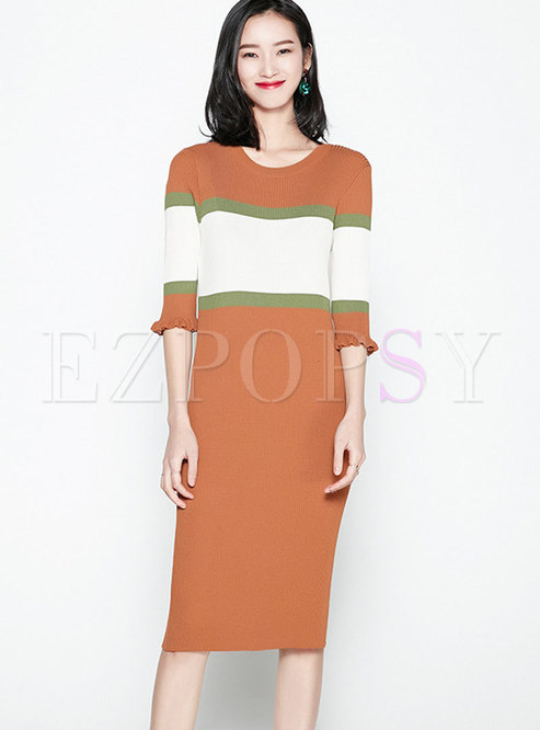 Stylish Contrast-color Puff Sleeve Wrap Knitted Dress