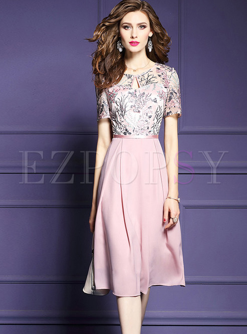 Pink Mesh Embroidered Hollow Out Splicing Dress