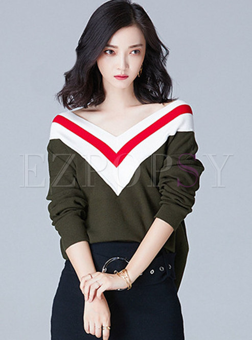 Stylish Army Green Double V-neck Striped Contrast-color Sweater