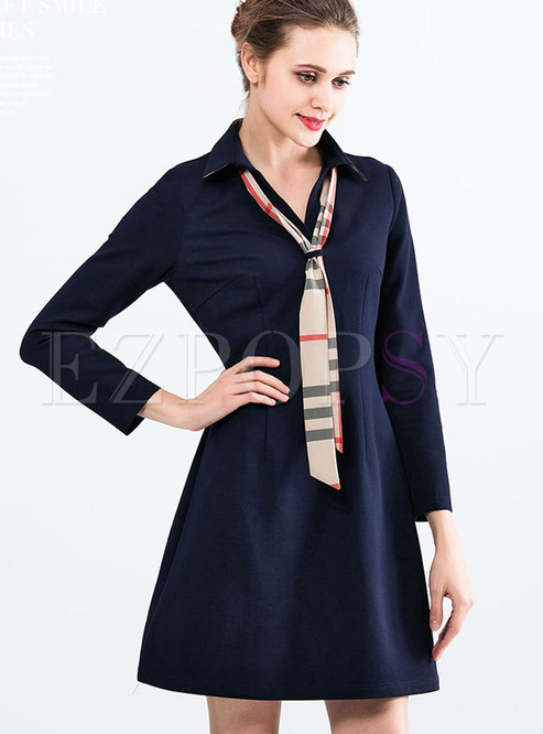 Turn-down Collar Pure Color Long Sleeve A Line Dress