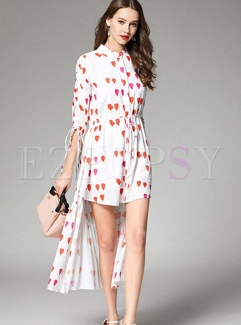 Brief Digital Print Stand Collar High-low Linen Dress