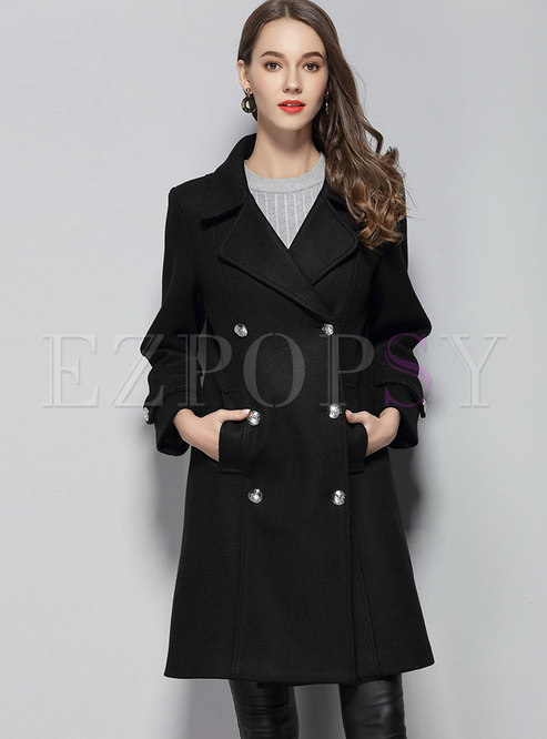 Black Lapel Double-breasted Coat With Pockets