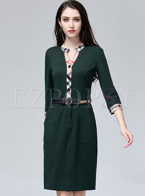 Elegant V-neck Three Quarters Sleeve Plaid Patchwork Dress