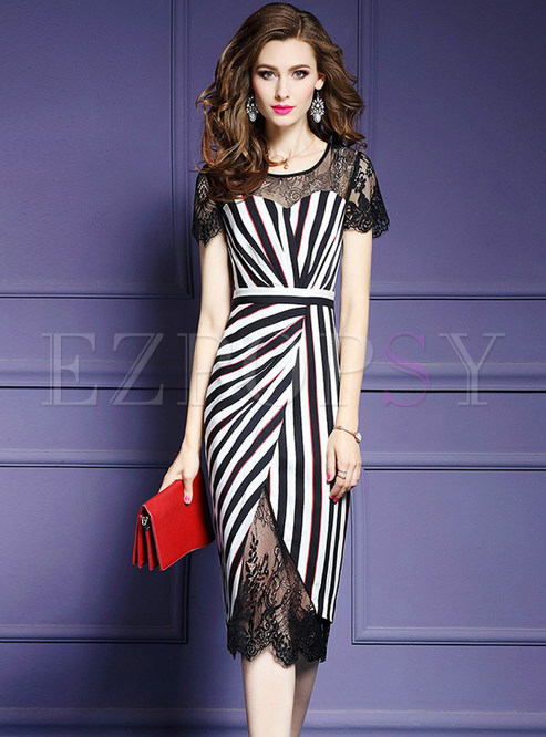 Sexy Lace Splicing Striped Asymmetric Bodycon Dress