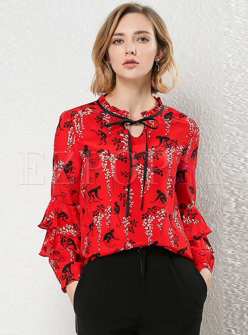 Tops | Blouses | Chic Print Ruffled Collar Tied Blouse