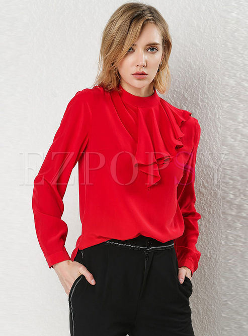 Solid Color High Neck Falbala Blouse