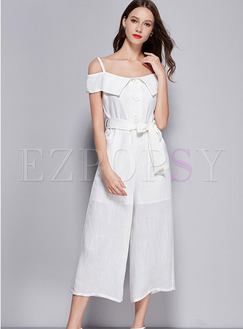 Chic Slash Neck White Self-tie Jumpsuit With Lining