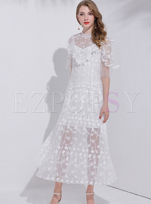 White Gauze Semi-sheer Lace-paneled Maxi Dress
