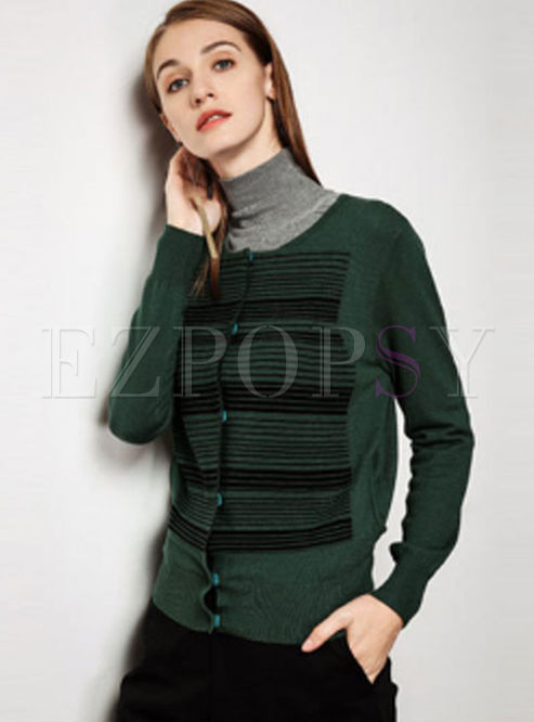 Striped Single-breasted O-neck Zip-up Sweater