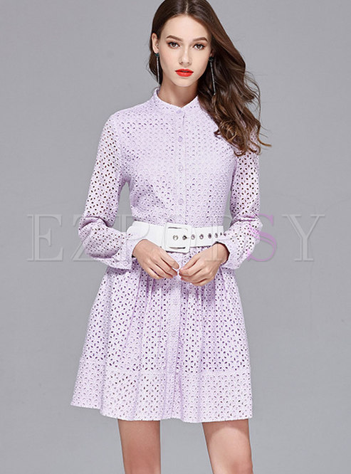 Light Purple Stand Collar Embroidered Lace Hollow Out Dress